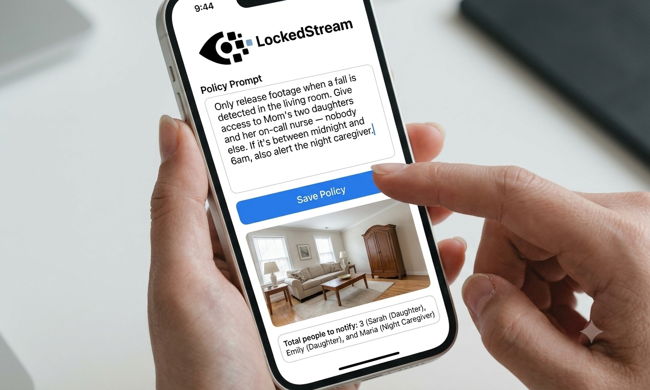 Authoring a LockedStream policy in plain English on a phone: 'Only release footage when a fall is detected in the living room. Give access to Mom's two daughters and her on-call nurse — nobody else.'